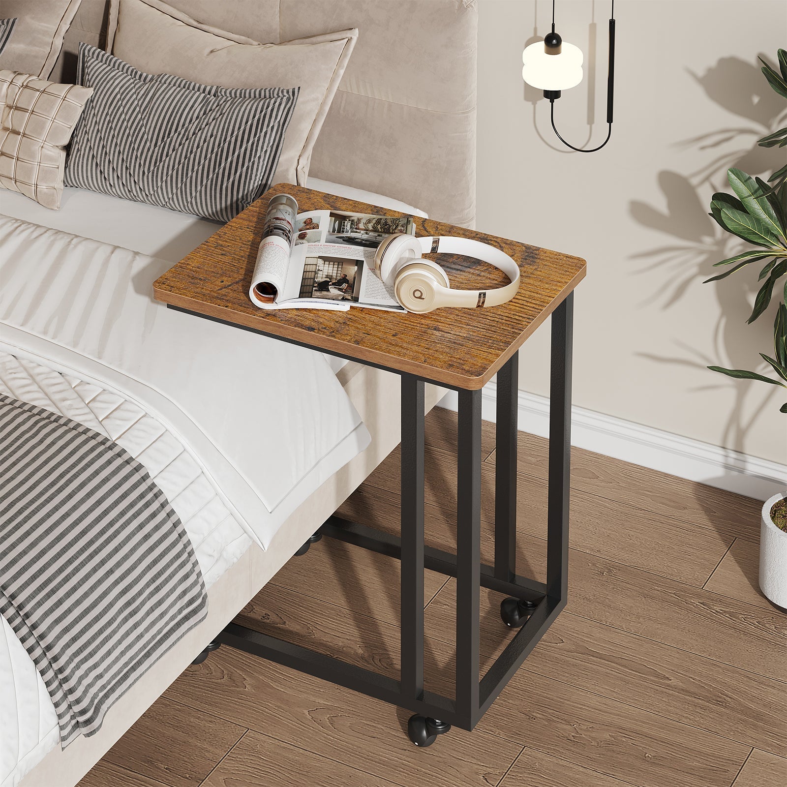 C-Shaped Side Table with Removable Casters for Small Spaces