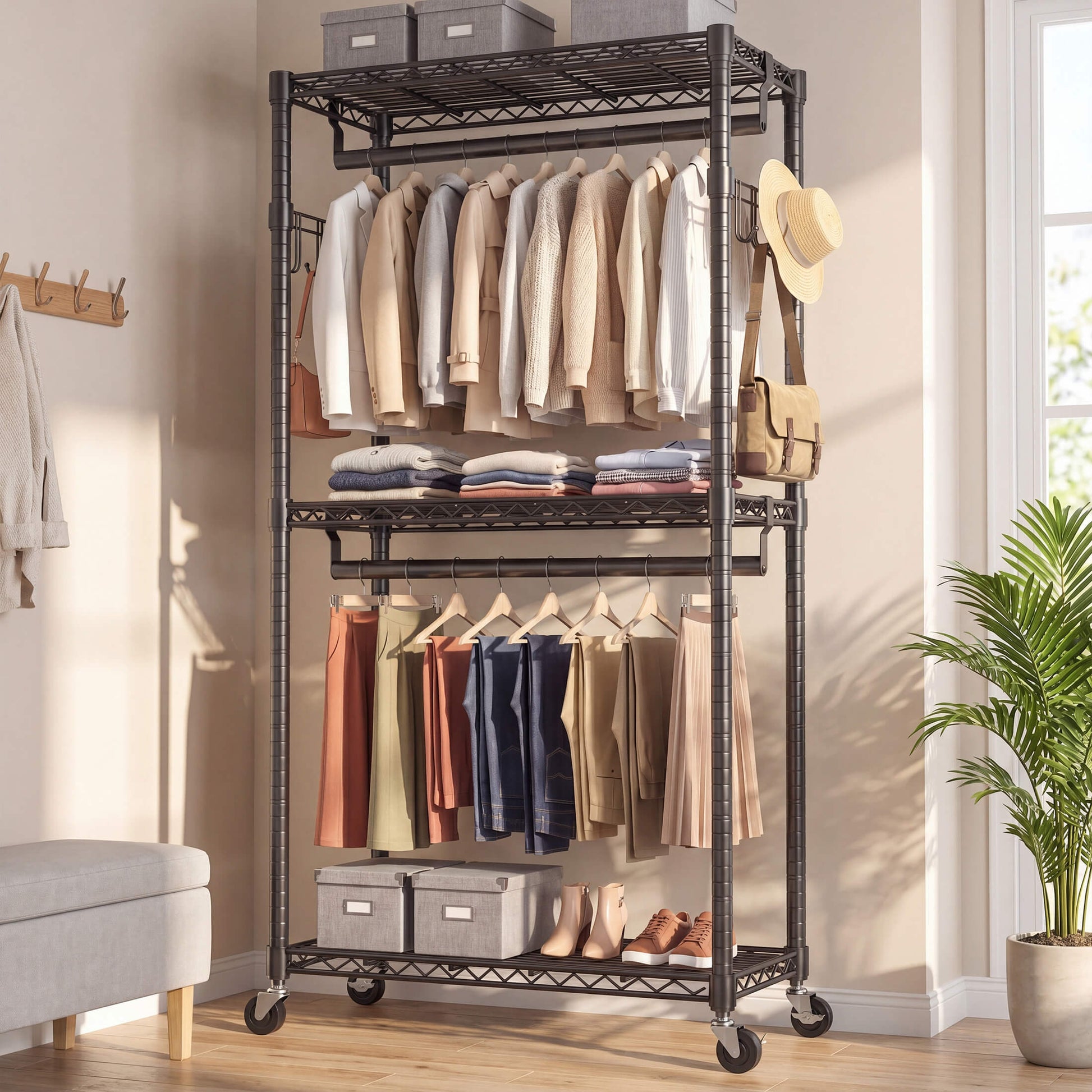 Adjustable metal coat rack with shelves and hooks