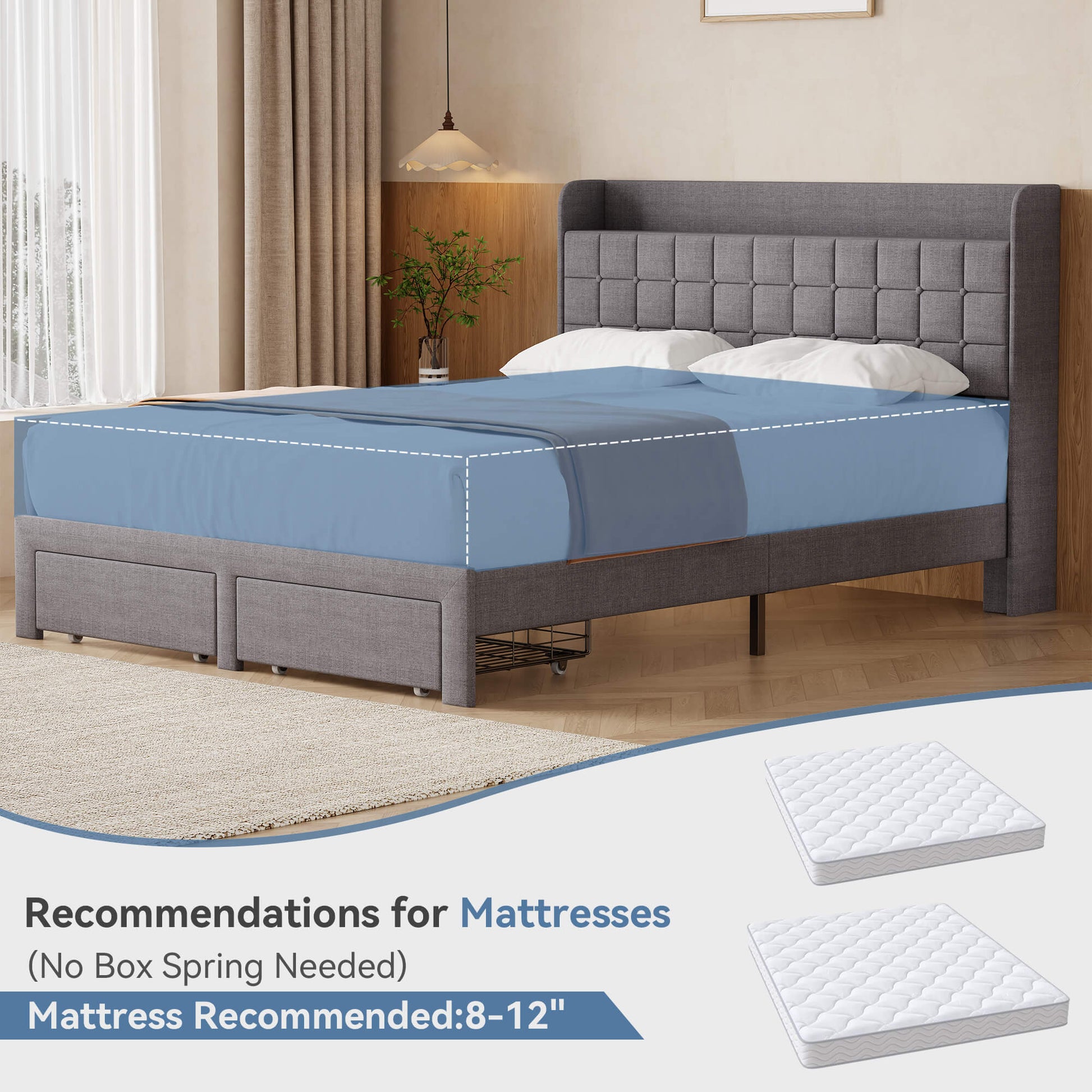 Upholstered Heavy Duty Platform Bed Frame with Drawers