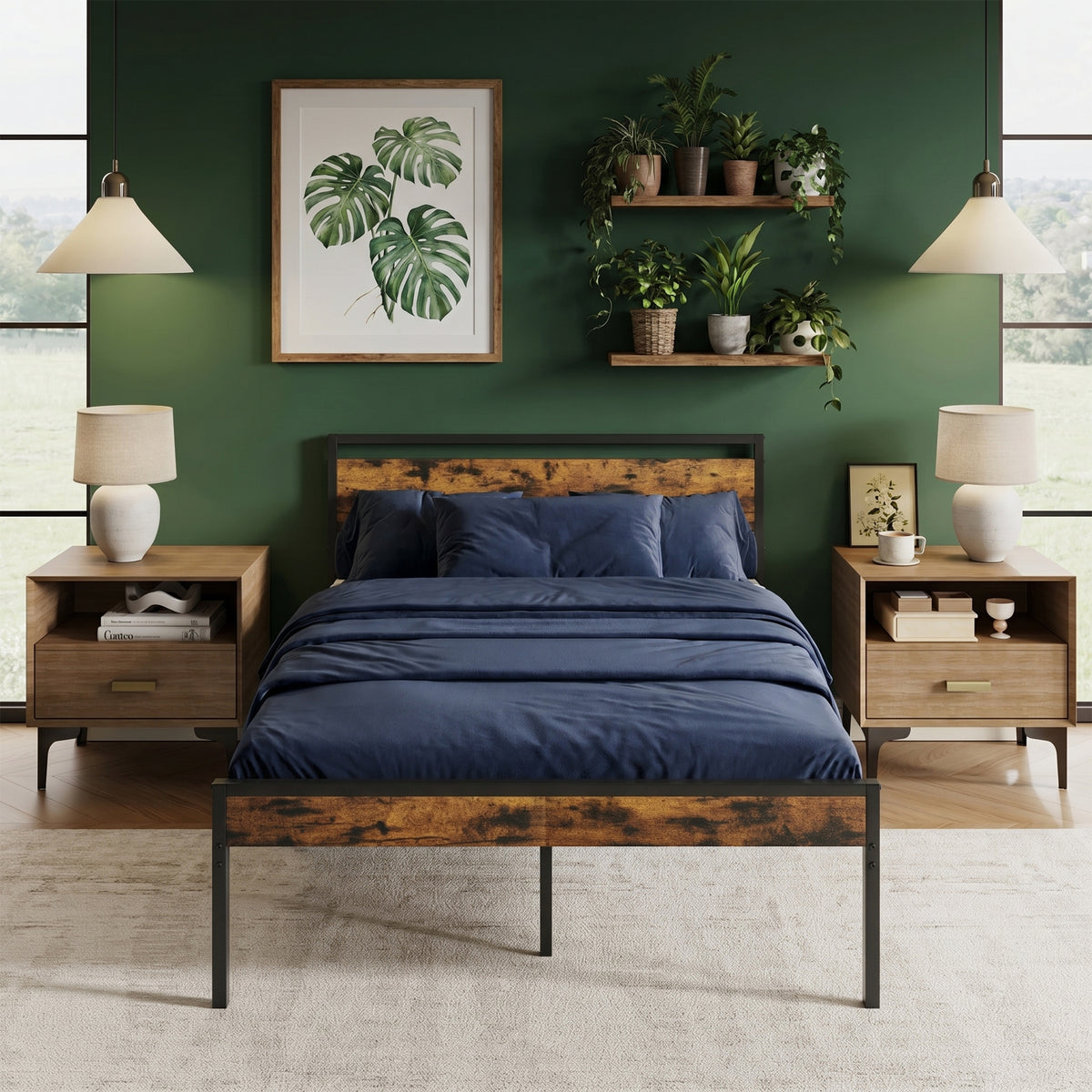 Metal Platform Bed Frame with Wooden Headboard & Footboard, No Box Spring Needed