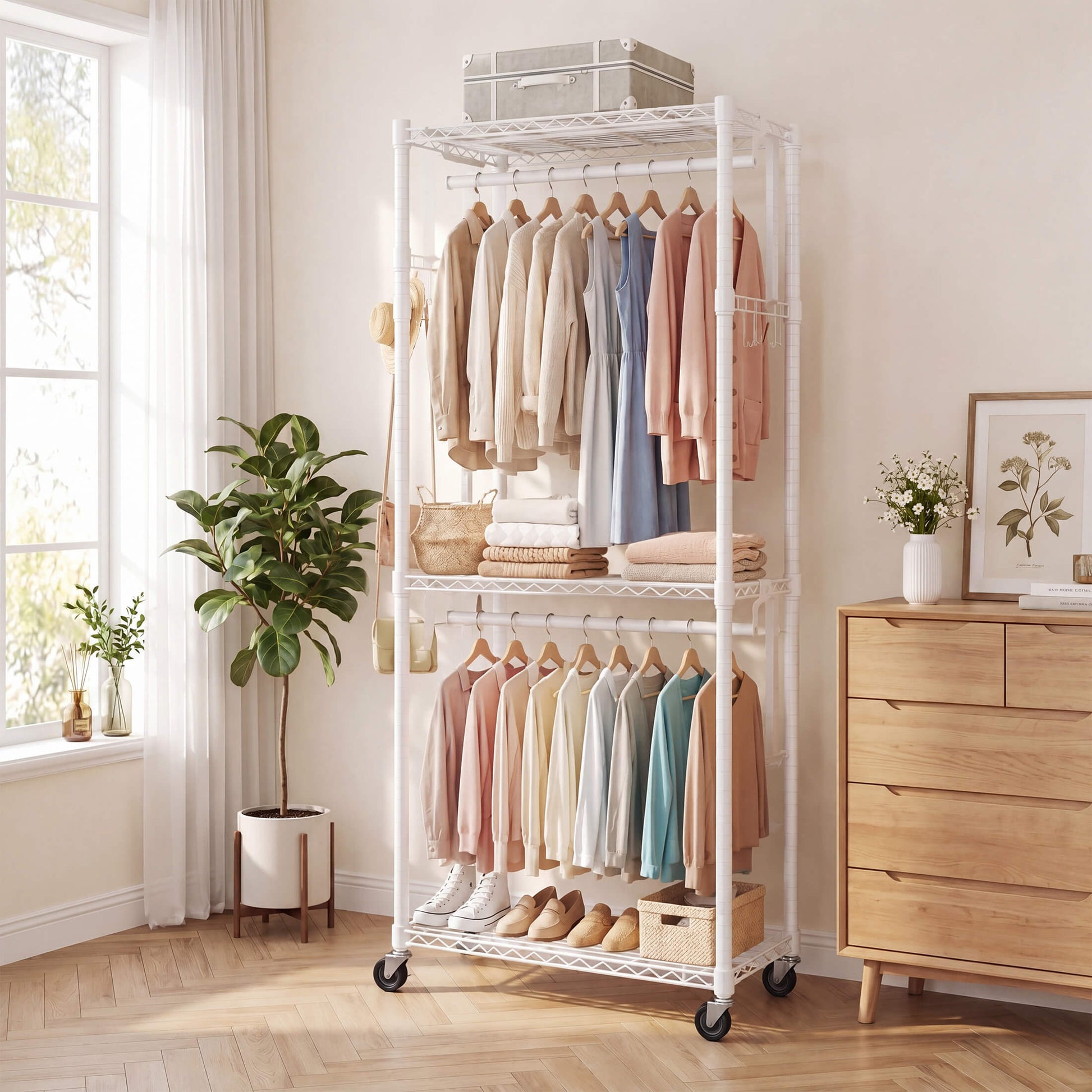 Adjustable metal coat rack with shelves and hooks