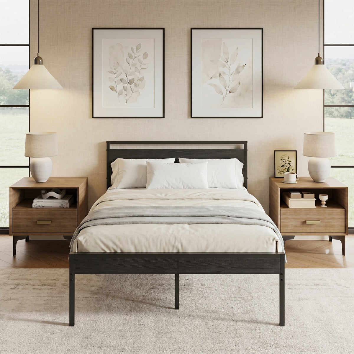Metal Platform Bed Frame with Wooden Headboard & Footboard, No Box Spring Needed