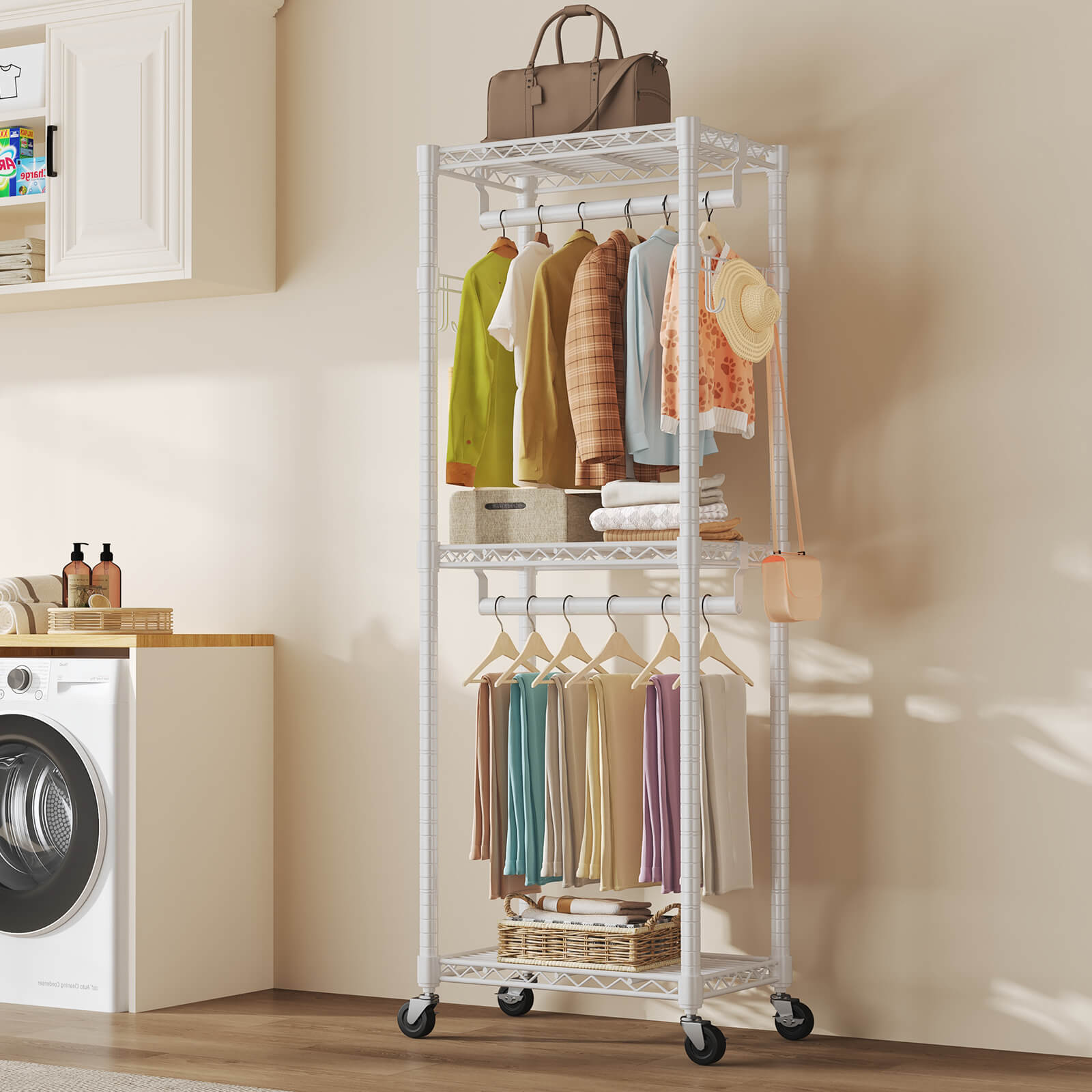 Adjustable metal coat rack with shelves and hooks