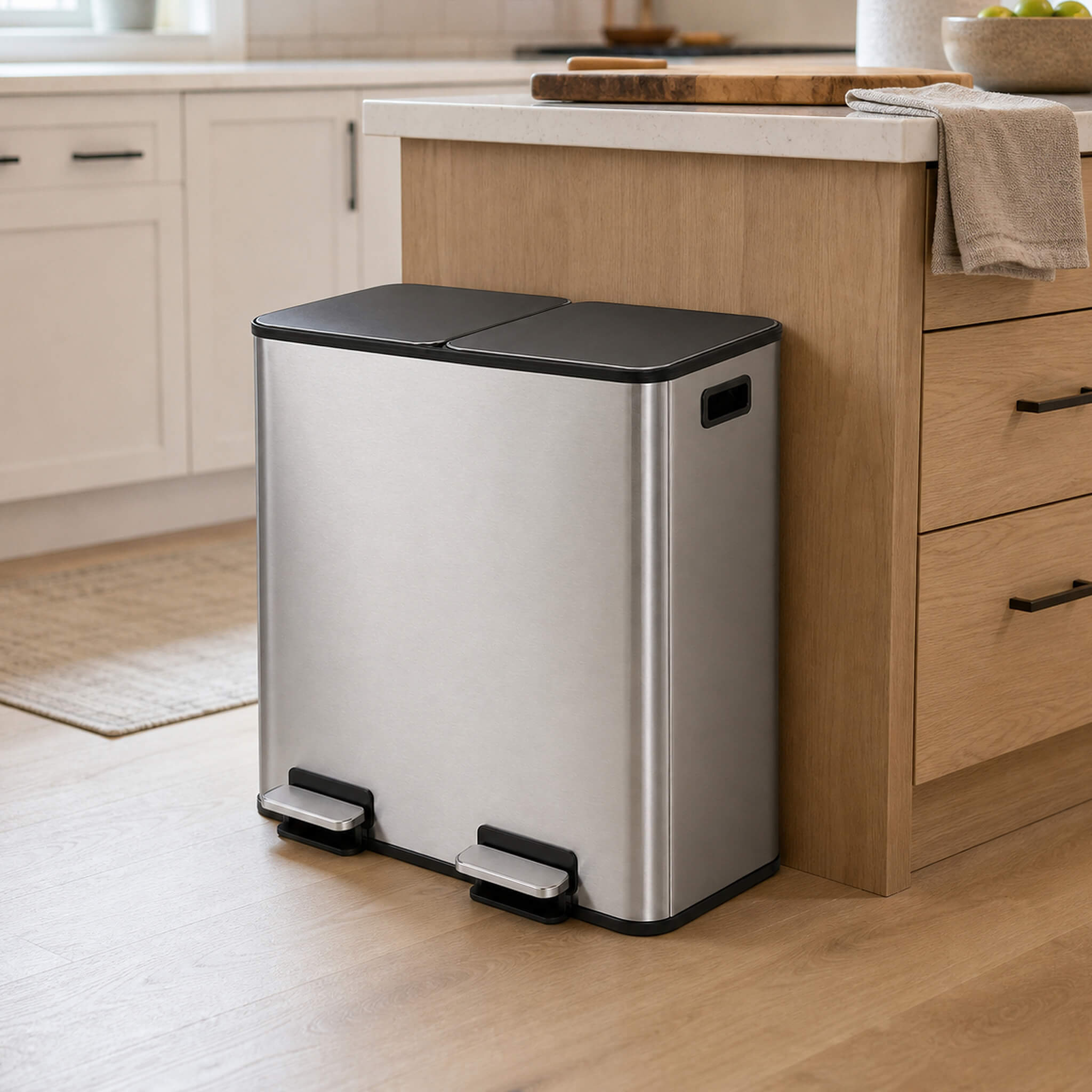 Double-Bin Stainless Steel Trash Can with Lid