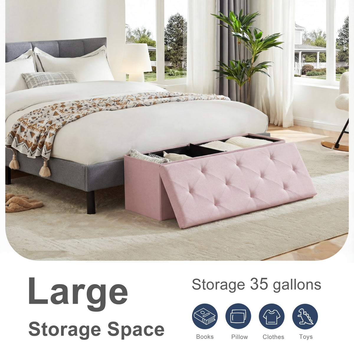 Folding Storage Ottoman Bench with Linen Cushion Top, Versatile Footrest for Bedroom