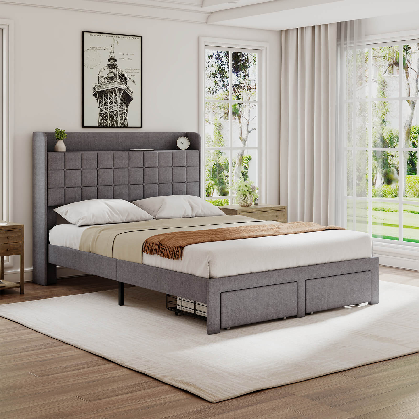 Upholstered Heavy Duty Platform Bed Frame with Drawers