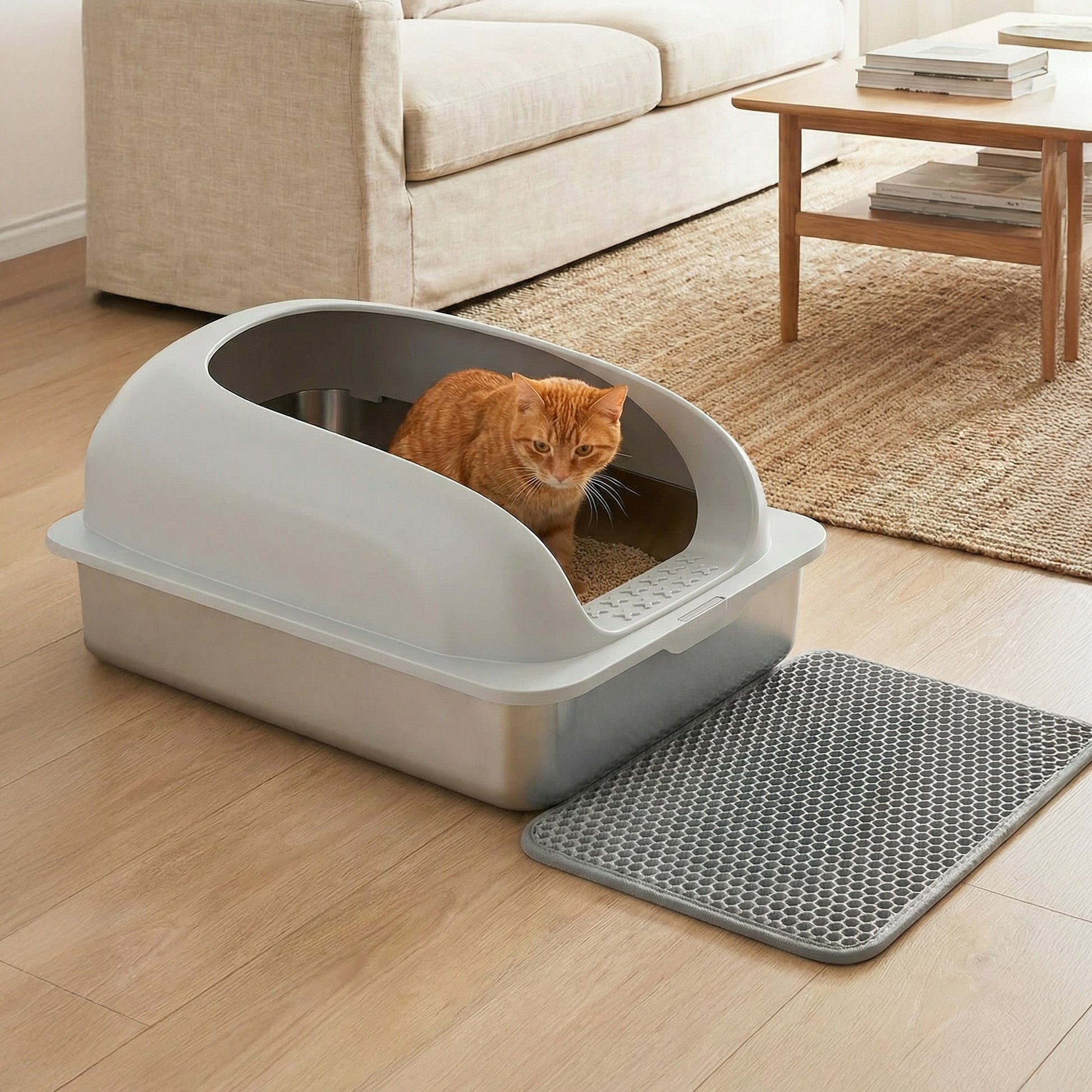 Stainless Steel Cat Litter Box with Scoop & Double-Layer Mat