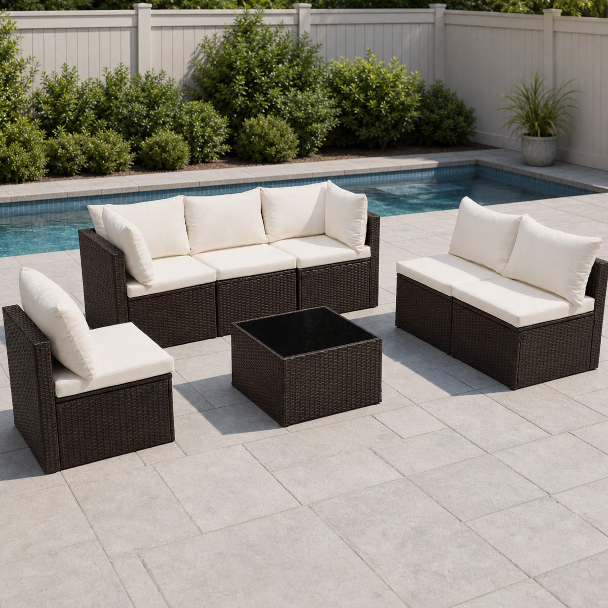 Outdoor Wicker Sectional Sofa Set-6 Sectionals & Glass Table