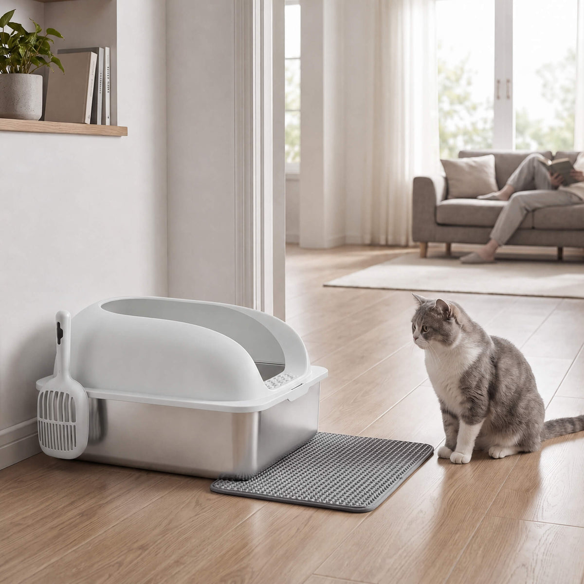 Stainless Steel Cat Litter Box with Scoop & Double-Layer Mat