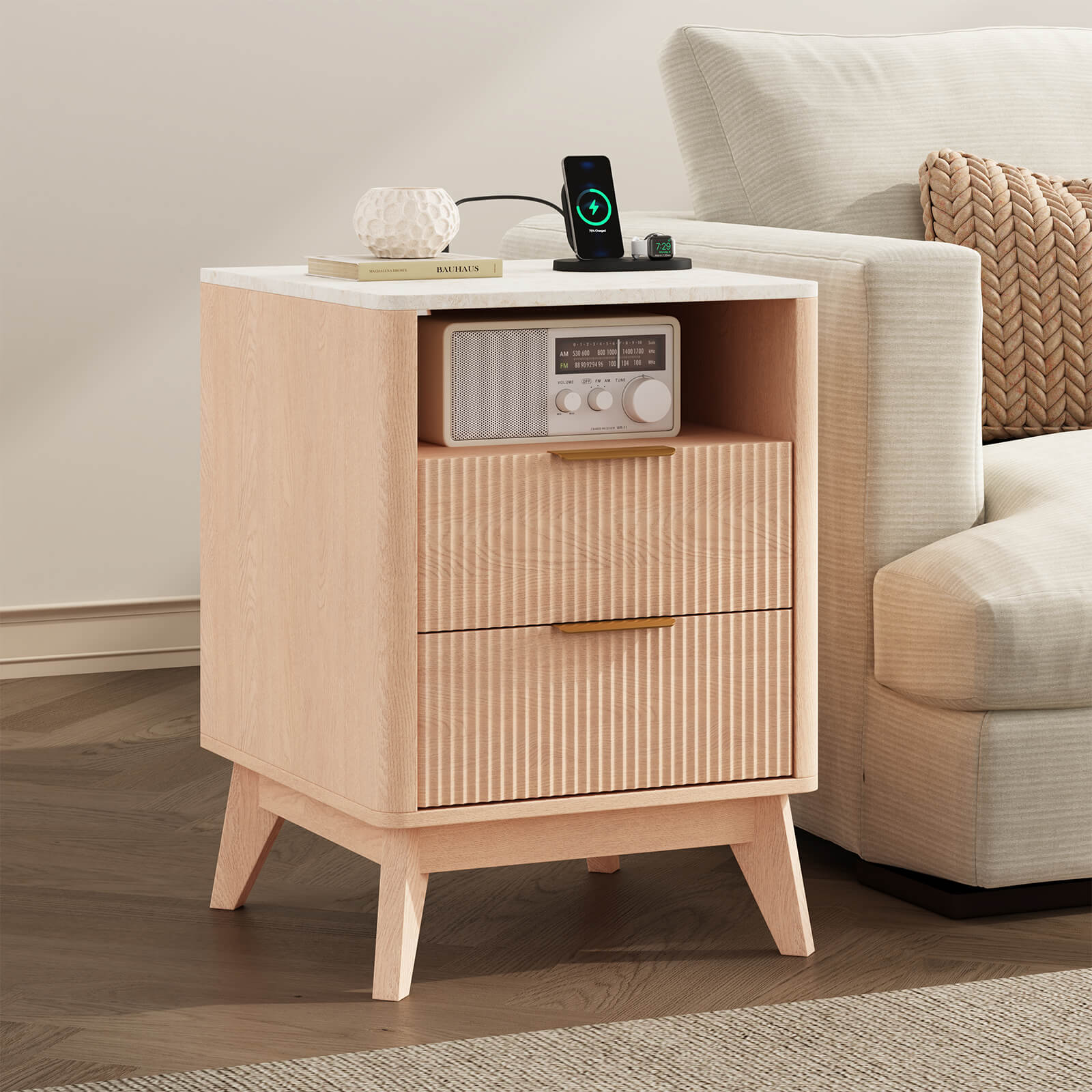 Wooden Nightstand with AC Outlets – Mid-Century Design