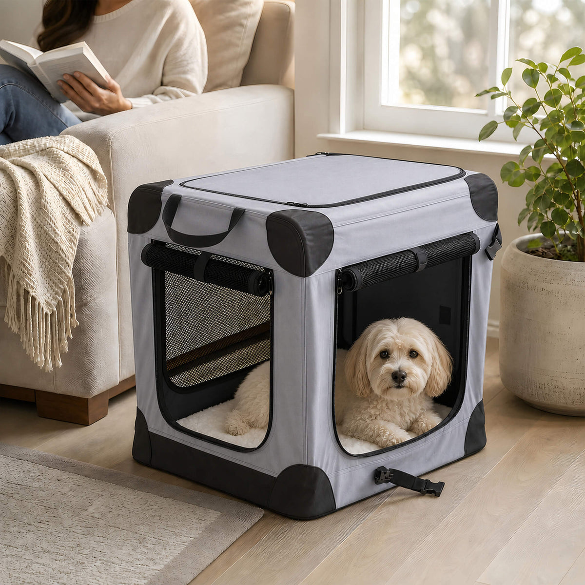 Foldable soft-sided dog crate made of 600D Oxford fabric,