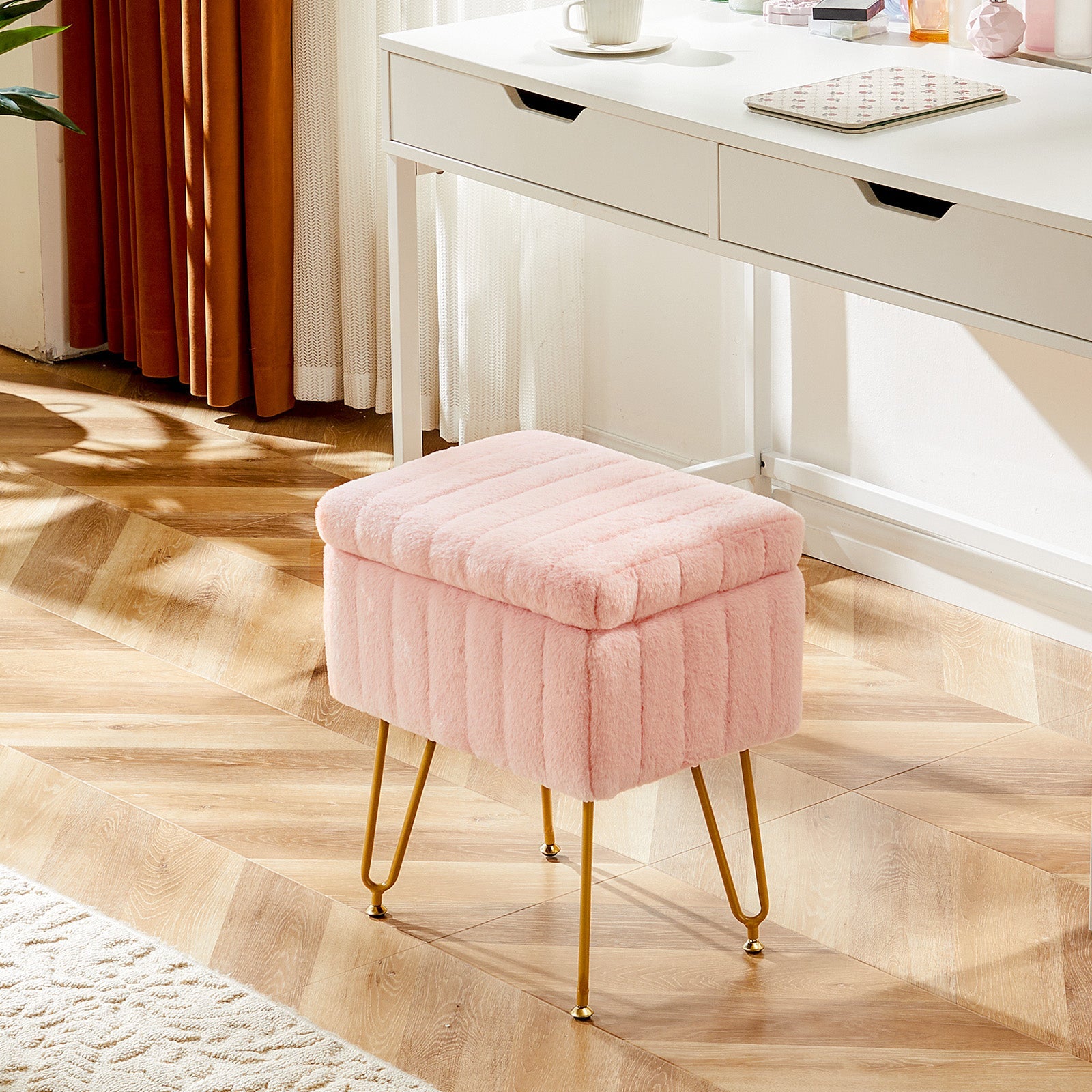 Vanity Stool Chair with Storage and Adjustable Metal Feet