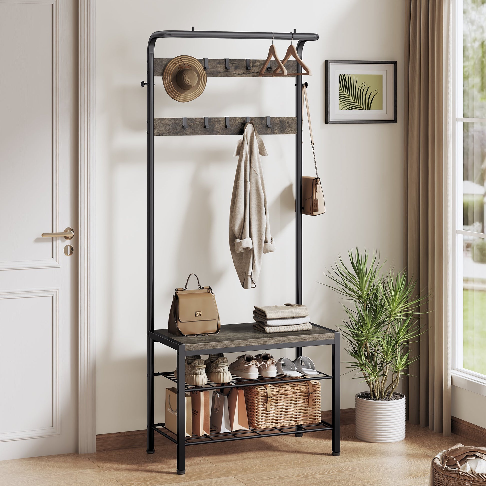 Modern Coat Rack with Shoe Bench, Hall Tree for Living Room