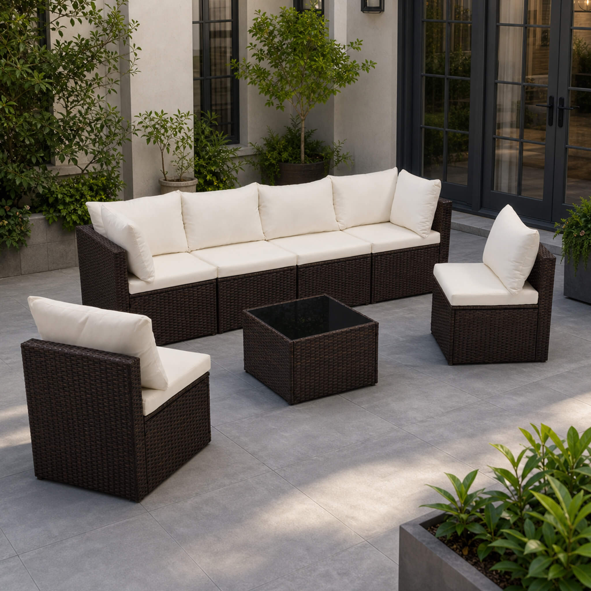 Outdoor Wicker Sectional Sofa Set-6 Sectionals & Glass Table