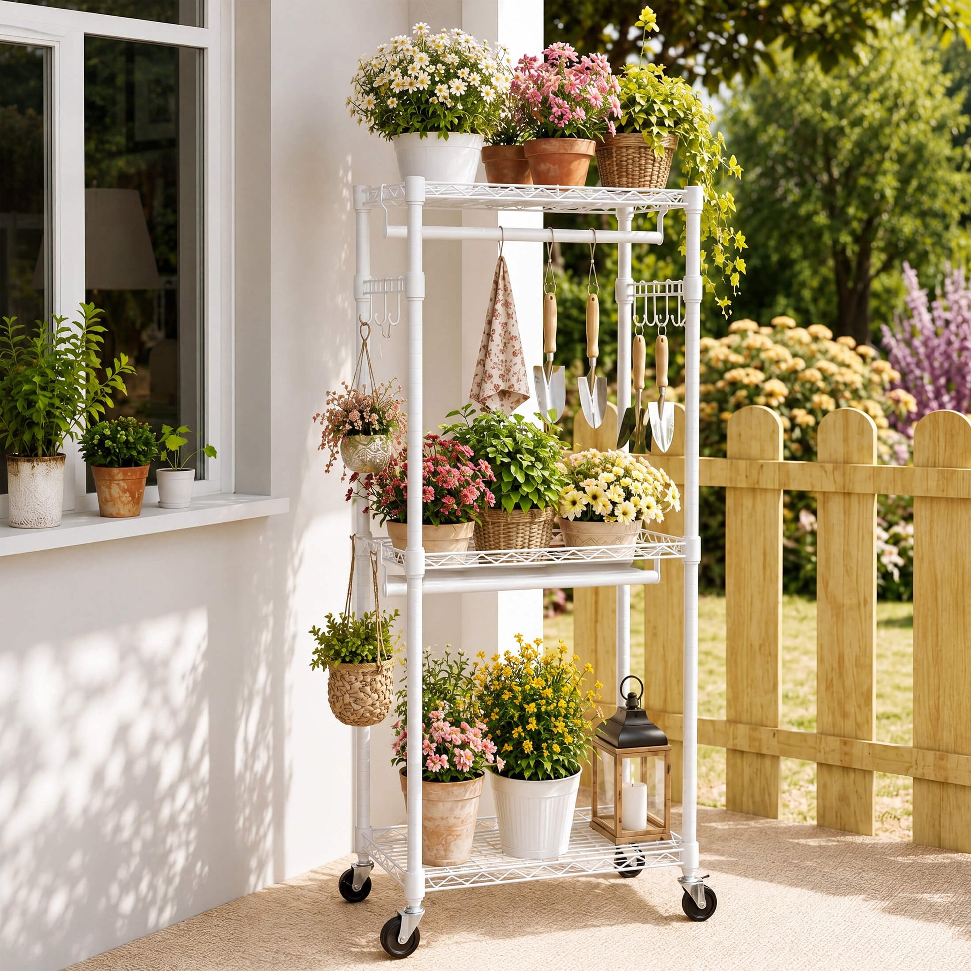 Adjustable metal coat rack with shelves and hooks