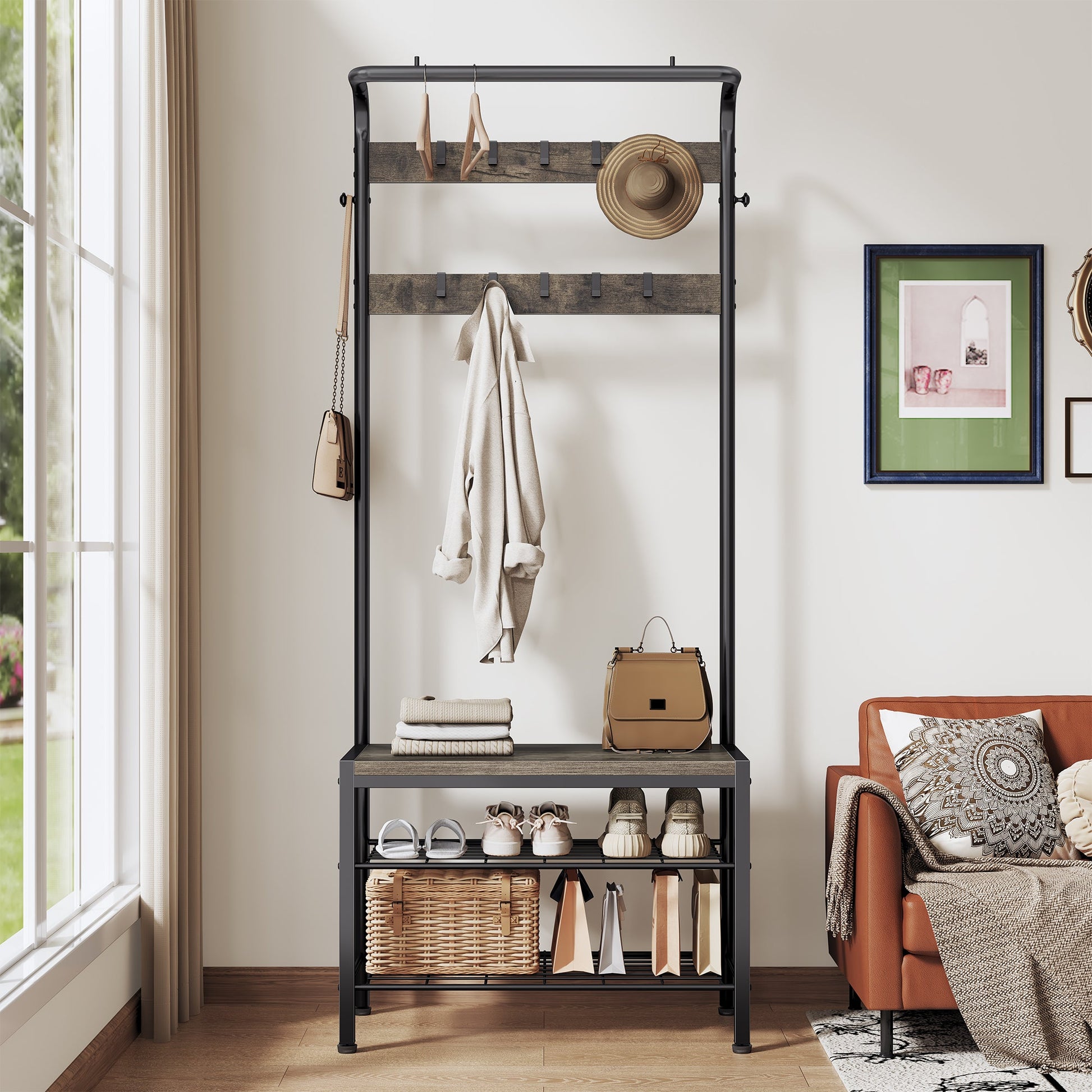 Modern Coat Rack with Shoe Bench, Hall Tree for Living Room