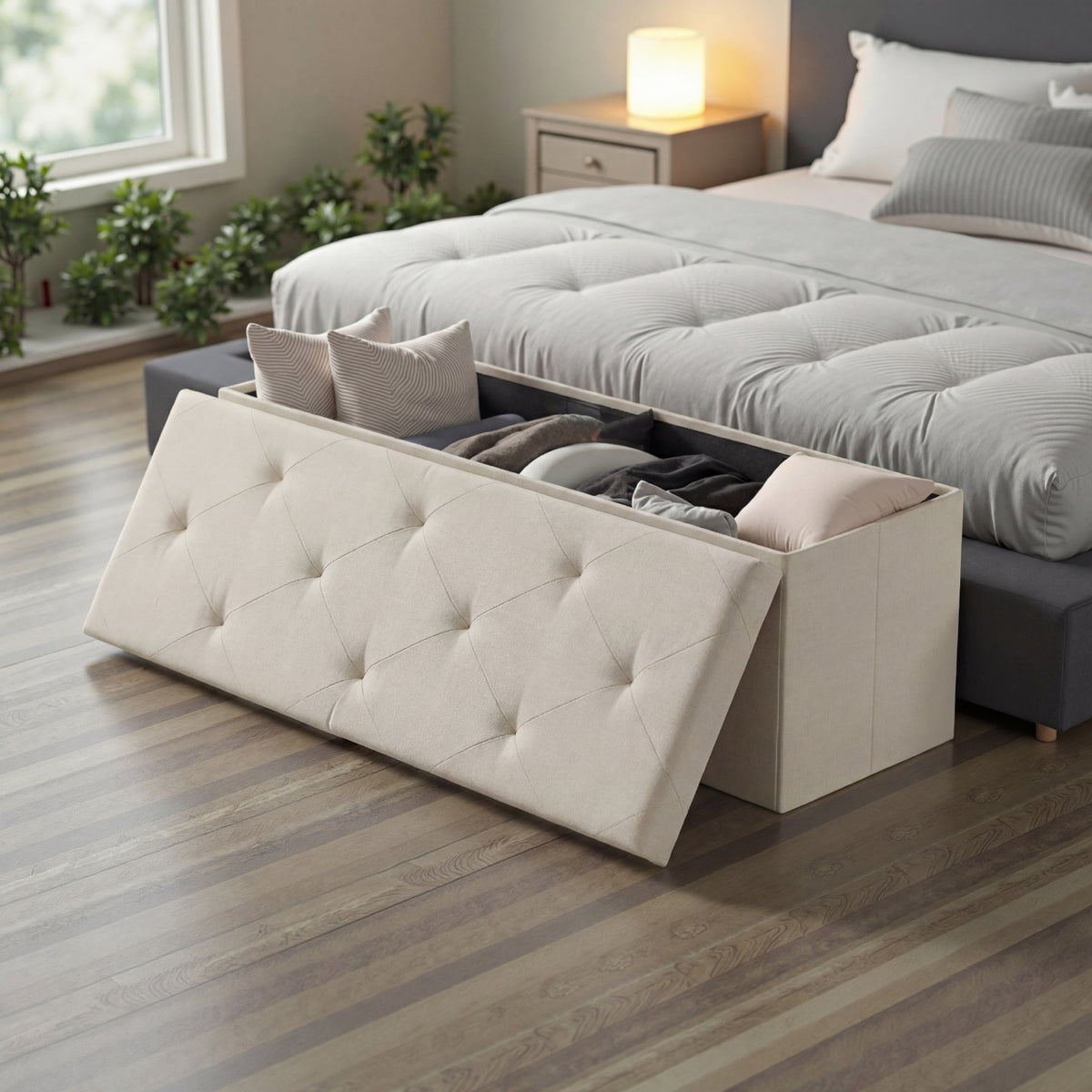 Folding Storage Ottoman Bench with Linen Cushion Top, Versatile Footrest for Bedroom