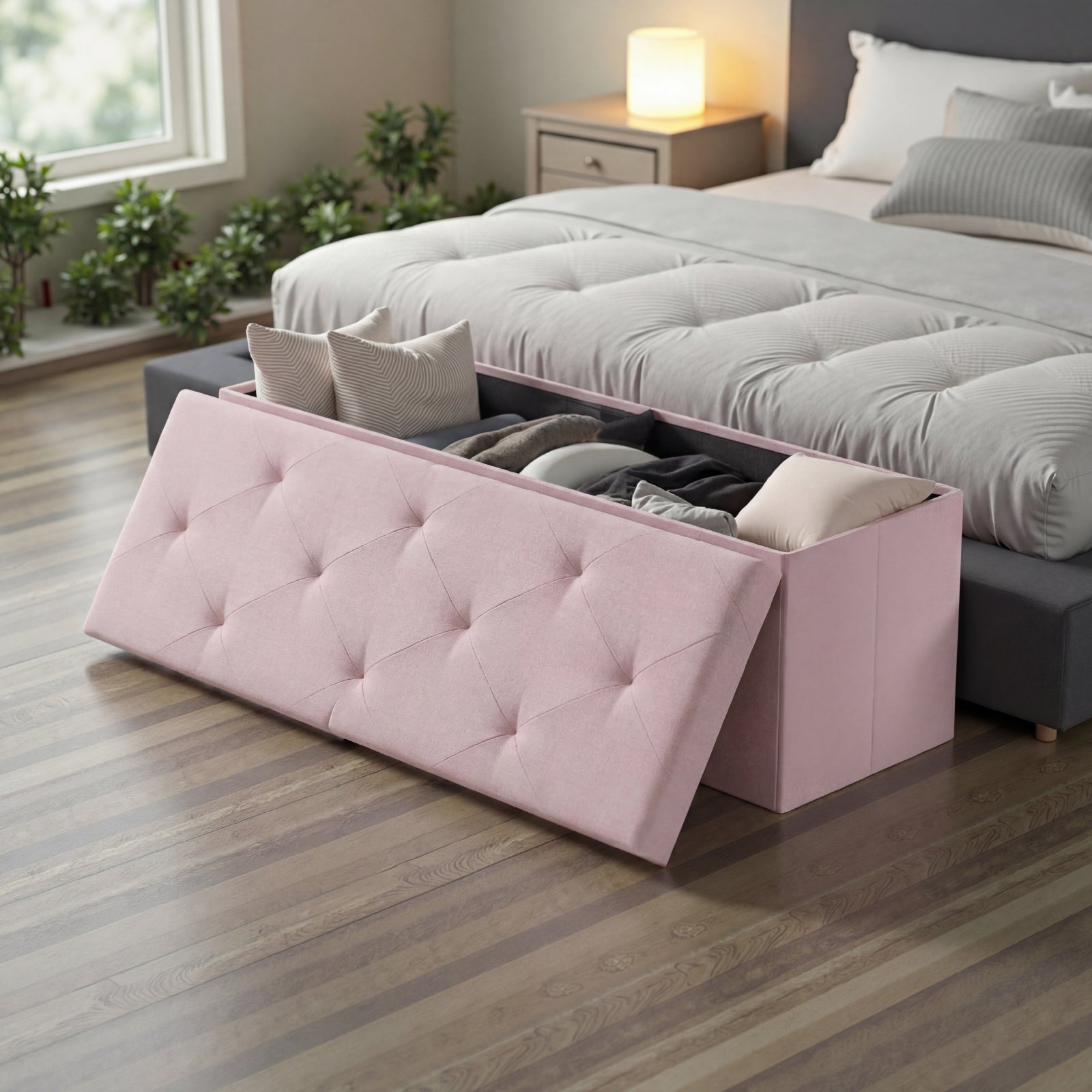 Folding Storage Ottoman Bench with Linen Cushion Top, Versatile Footrest for Bedroom