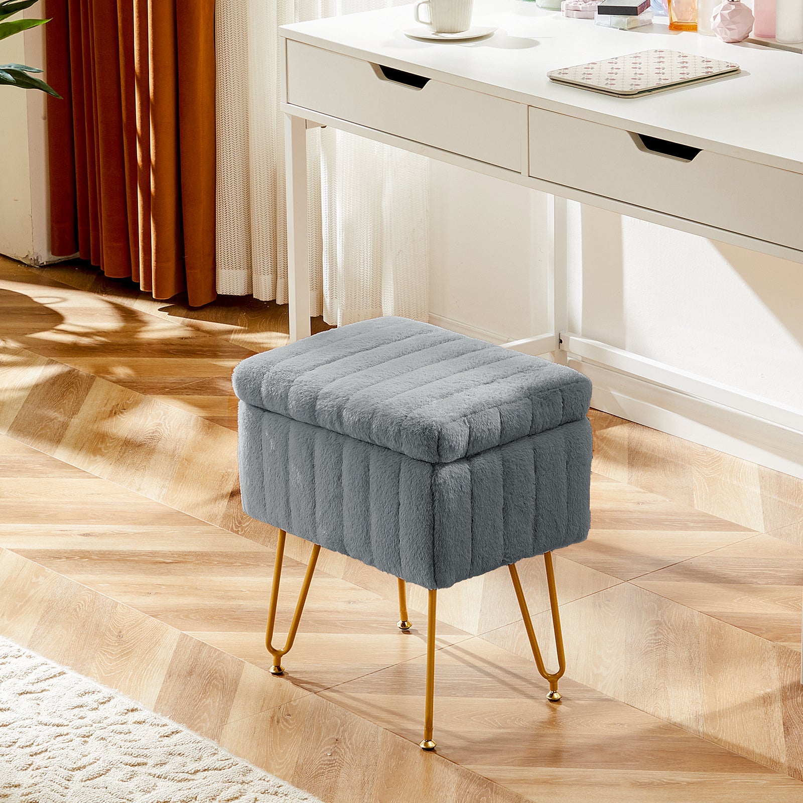 Vanity Stool Chair with Storage and Adjustable Metal Feet