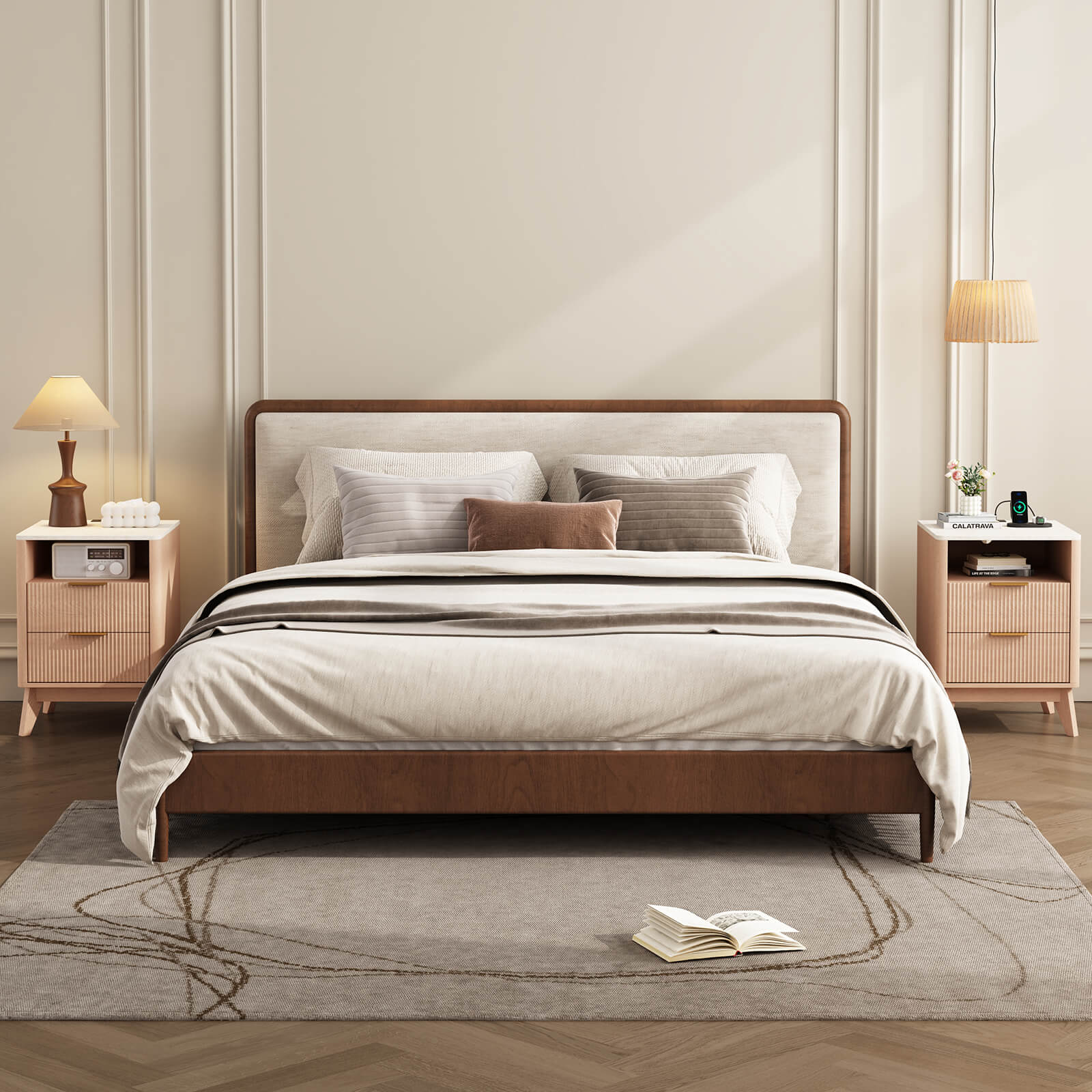 Wooden Nightstand with AC Outlets – Mid-Century Design