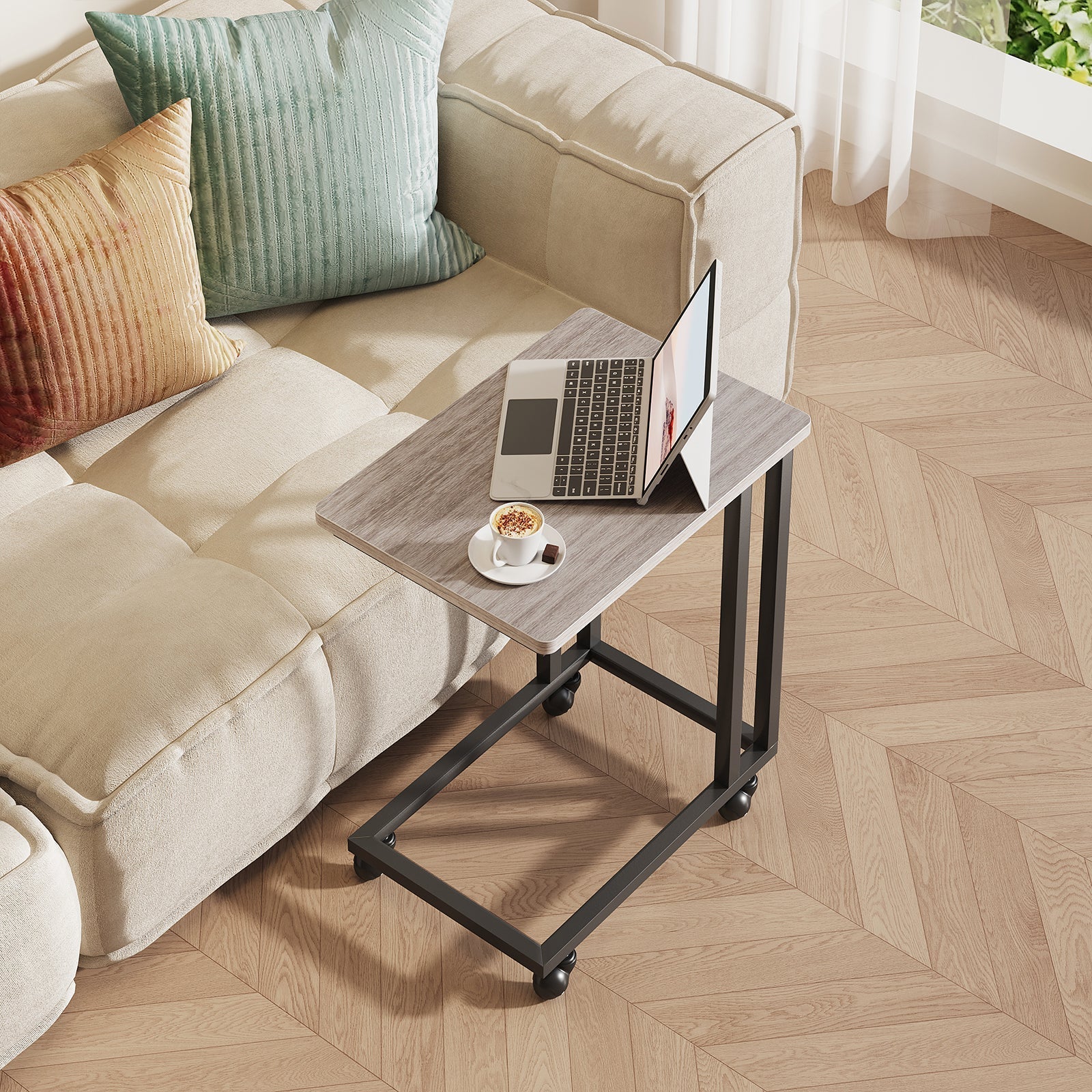 C-Shaped Side Table with Removable Casters for Small Spaces