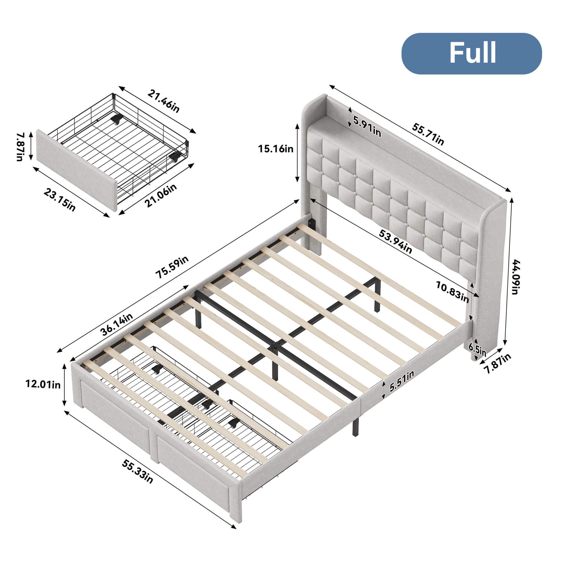 Upholstered Heavy Duty Platform Bed Frame with Drawers