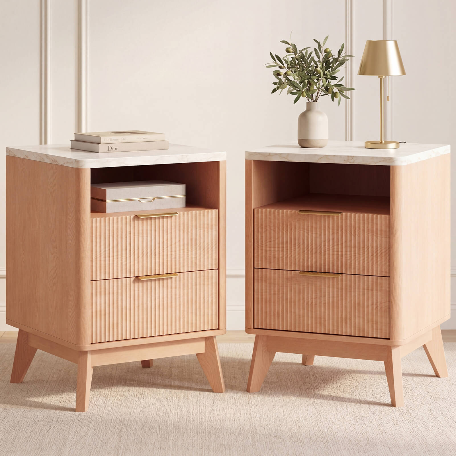 Wooden Nightstand with AC Outlets – Mid-Century Design