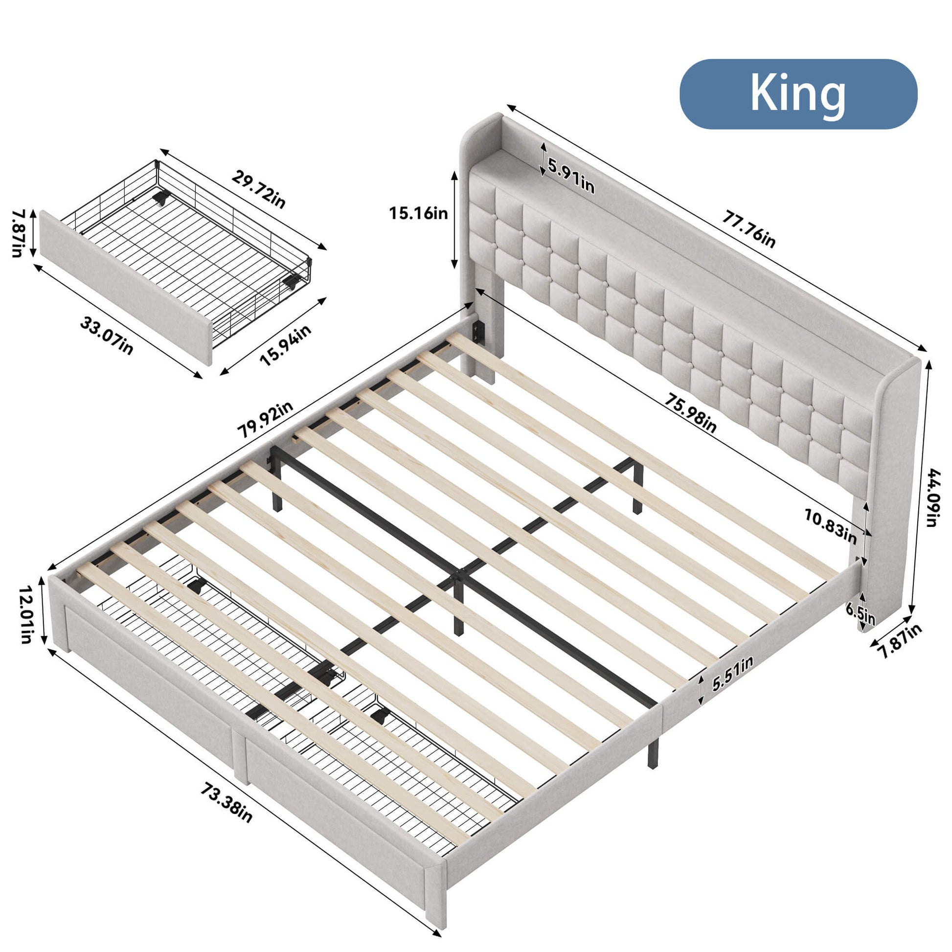 Upholstered Heavy Duty Platform Bed Frame with Drawers