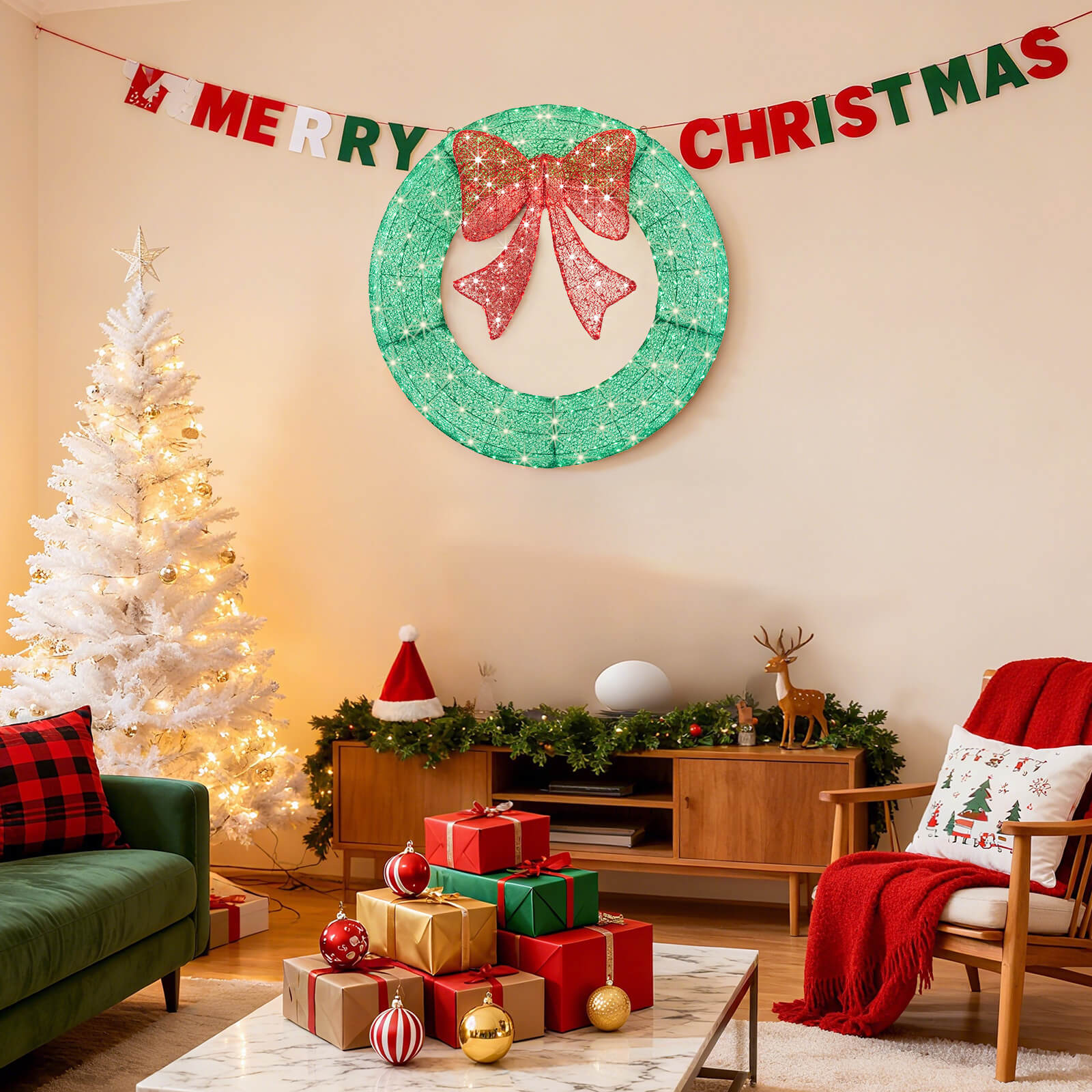 Illuminated Christmas Wreath - Outdoor Holiday Decor with Remote