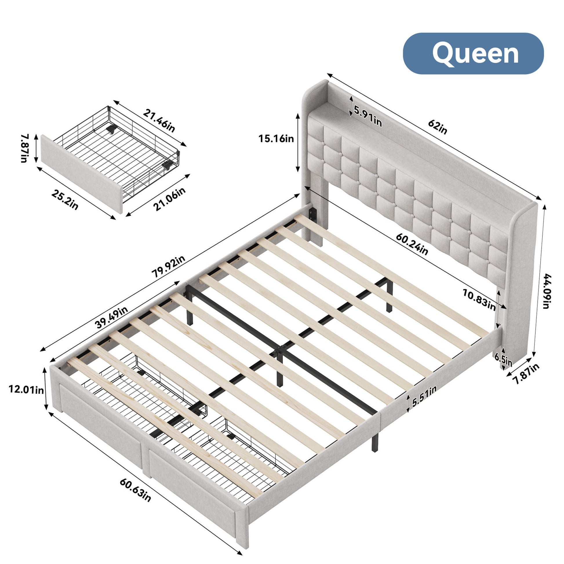 Upholstered Heavy Duty Platform Bed Frame with Drawers