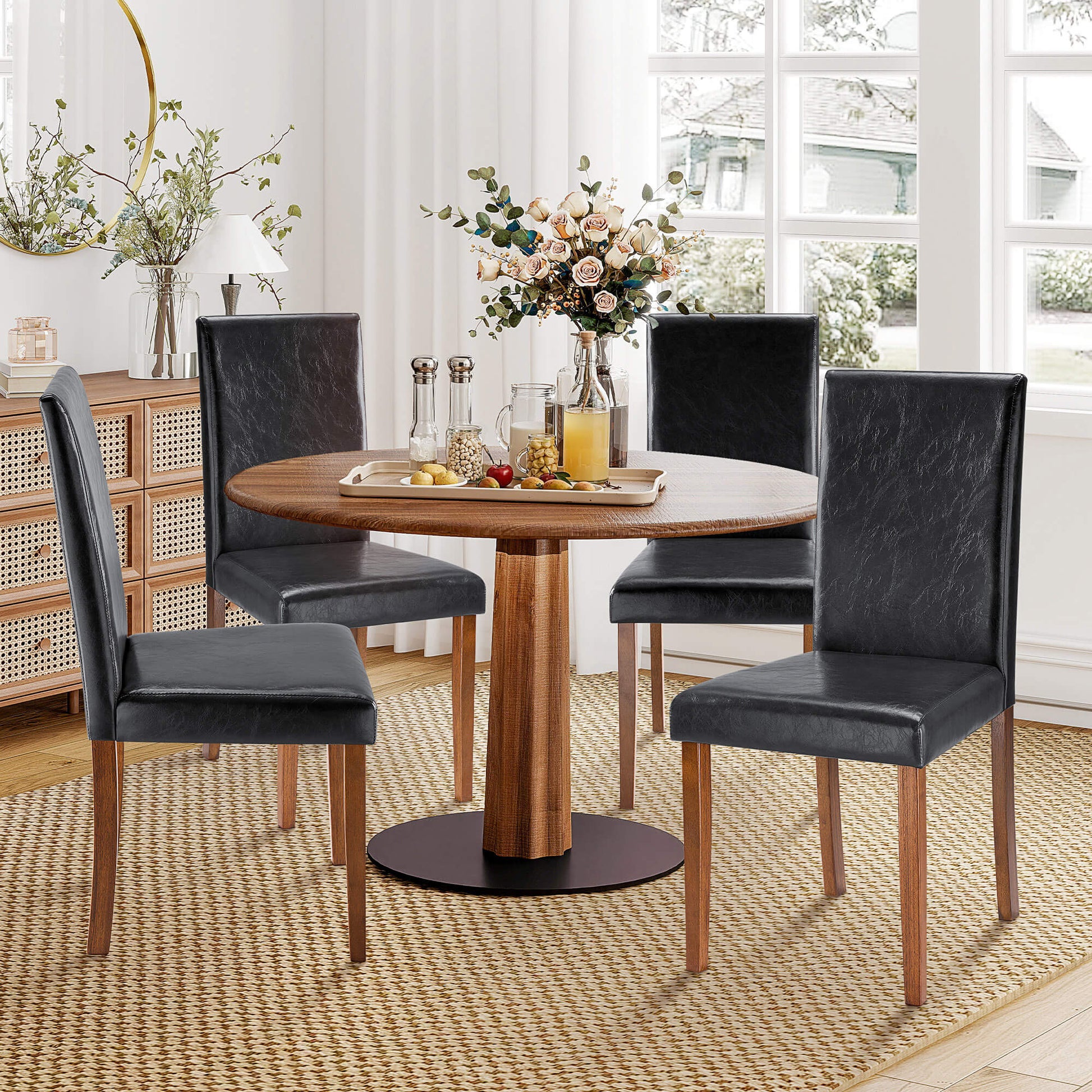 High-back Wooden PU Leather Dining Chair-Set of 4