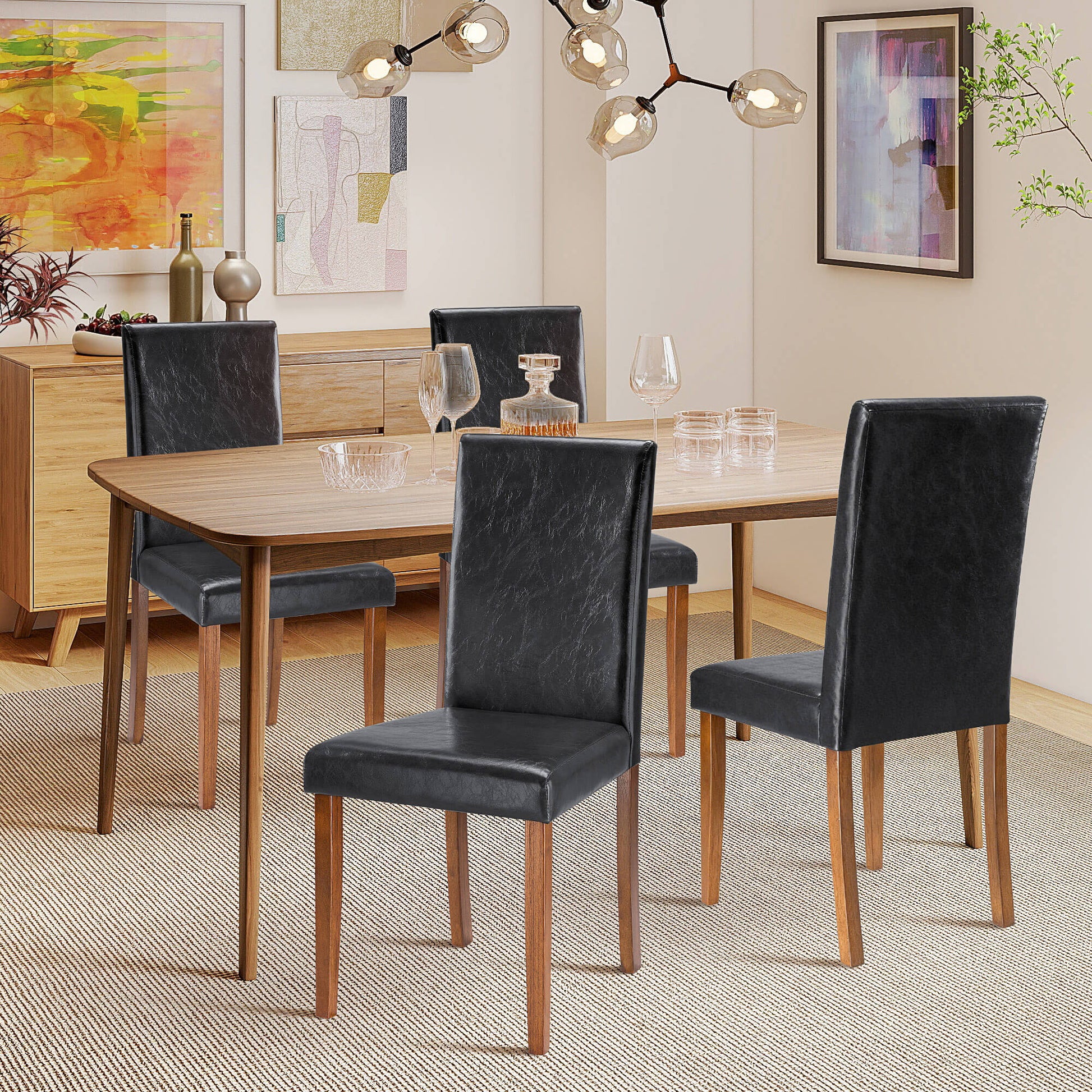 High-back Wooden PU Leather Dining Chair-Set of 4