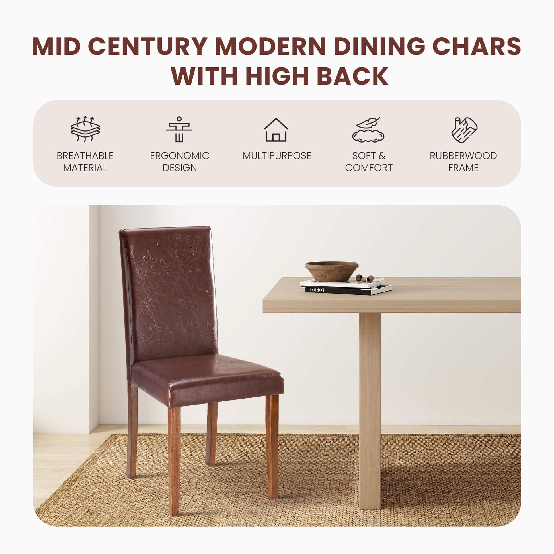 High-back Wooden PU Leather Dining Chair-Set of 4