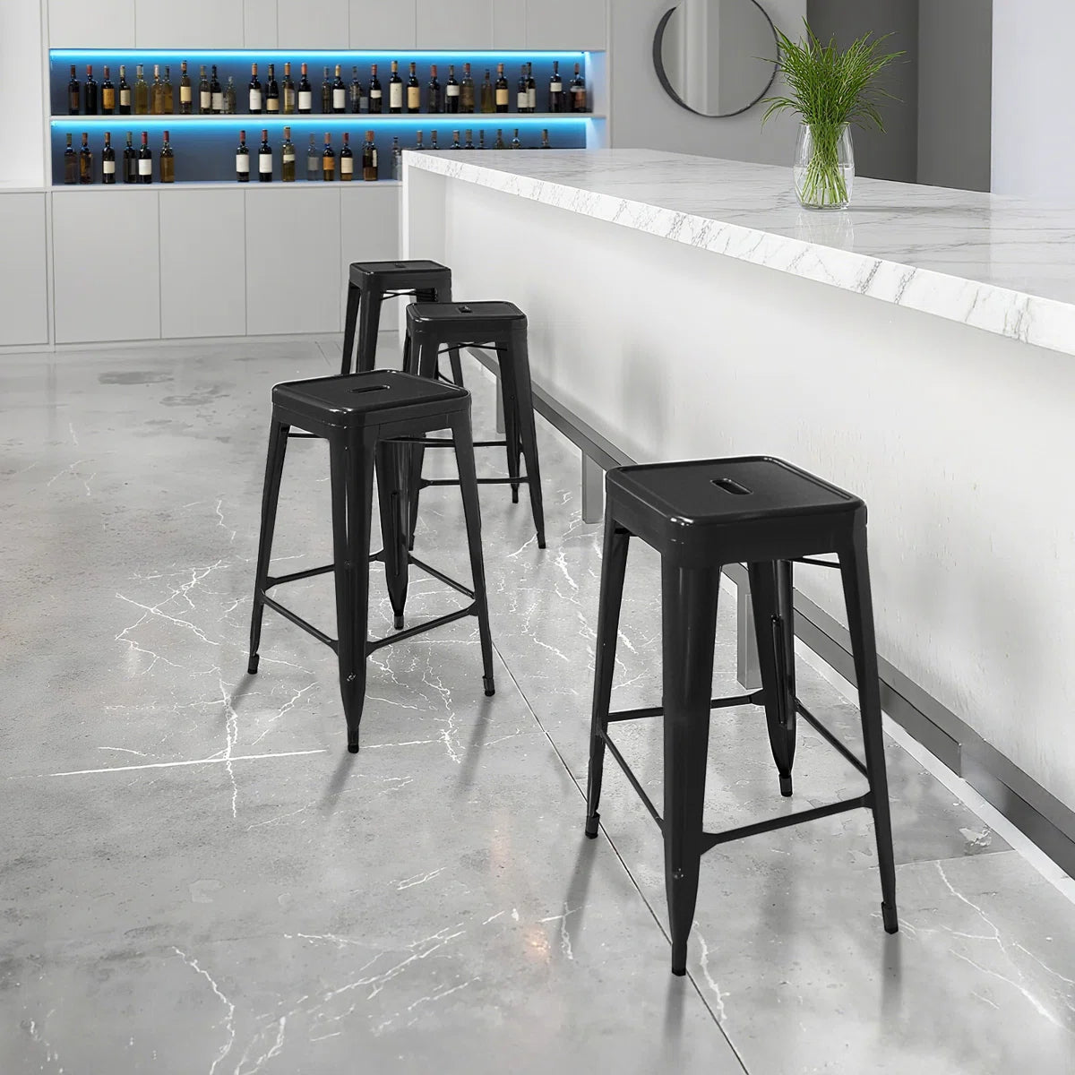 Stackable Metal Bar Stools (Backless) – 4-Piece Dining Set