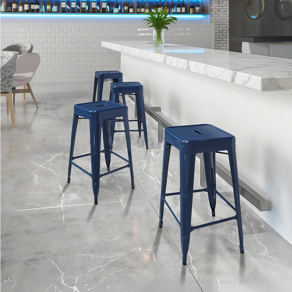 Stackable Metal Bar Stools (Backless) – 4-Piece Dining Set