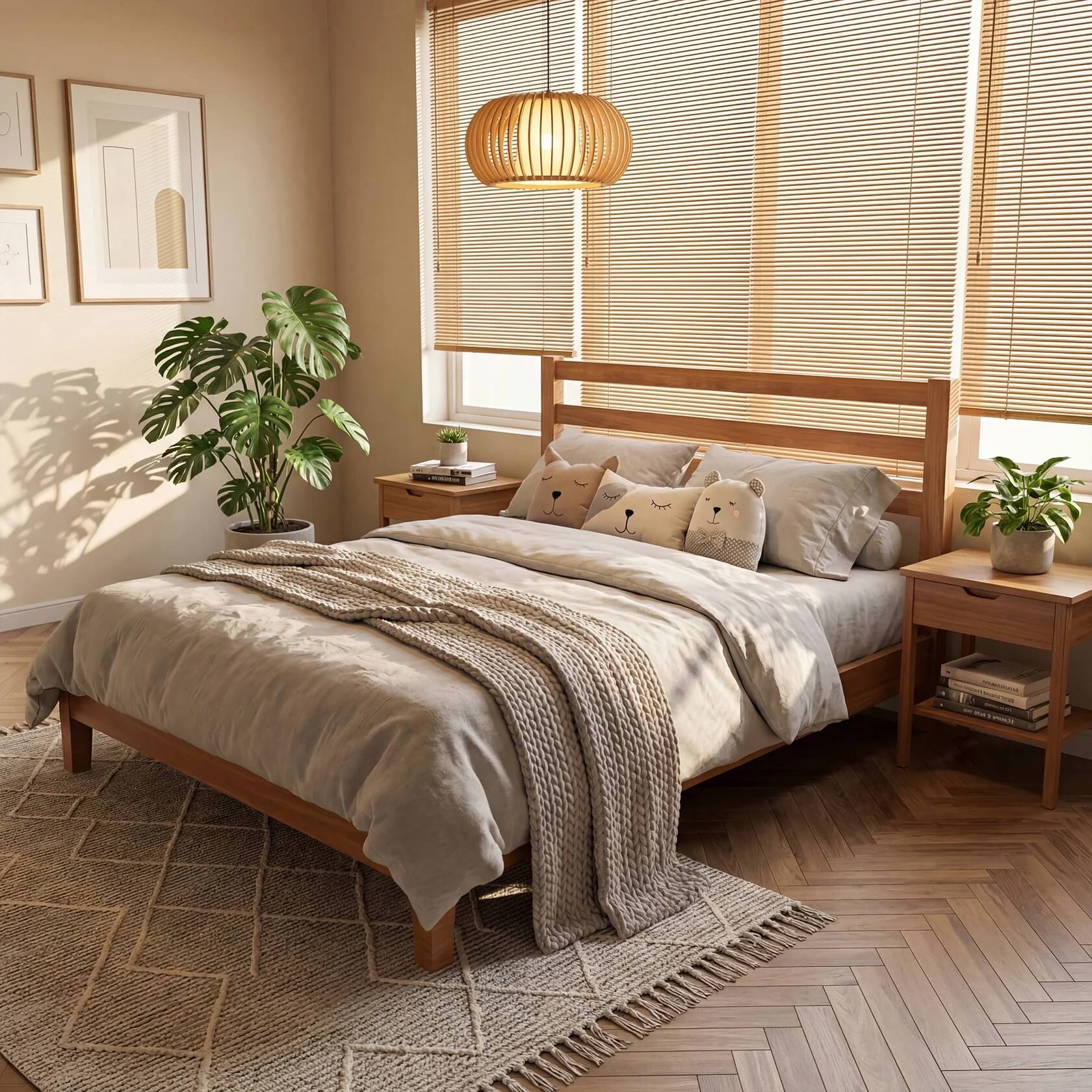 Basic Natural Solid Wood Platform Bed Frame with Headboard