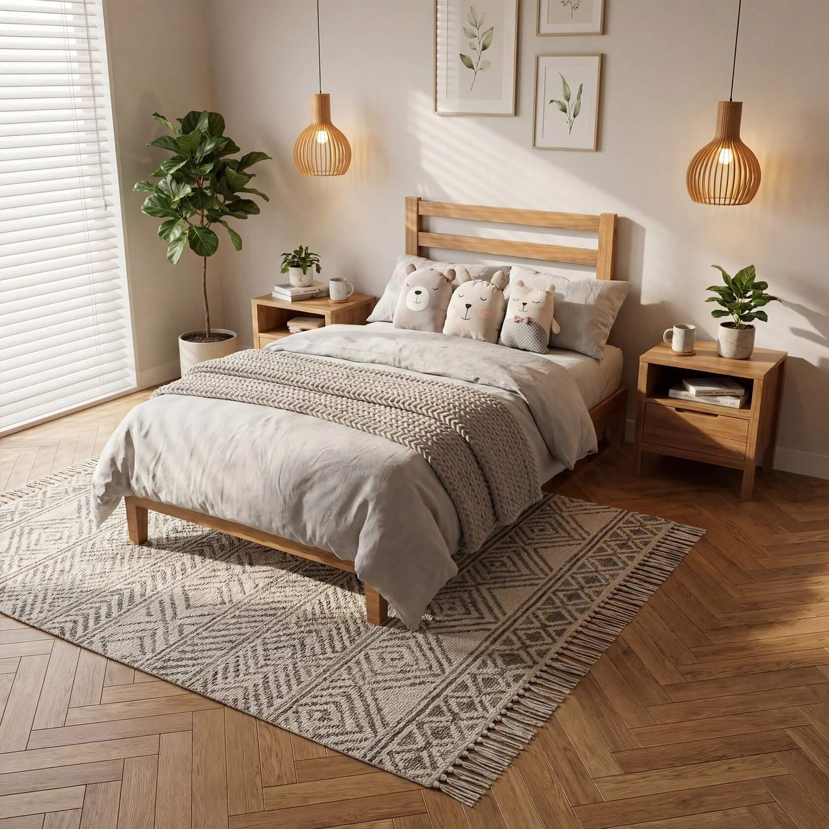 Basic Natural Solid Wood Platform Bed Frame with Headboard