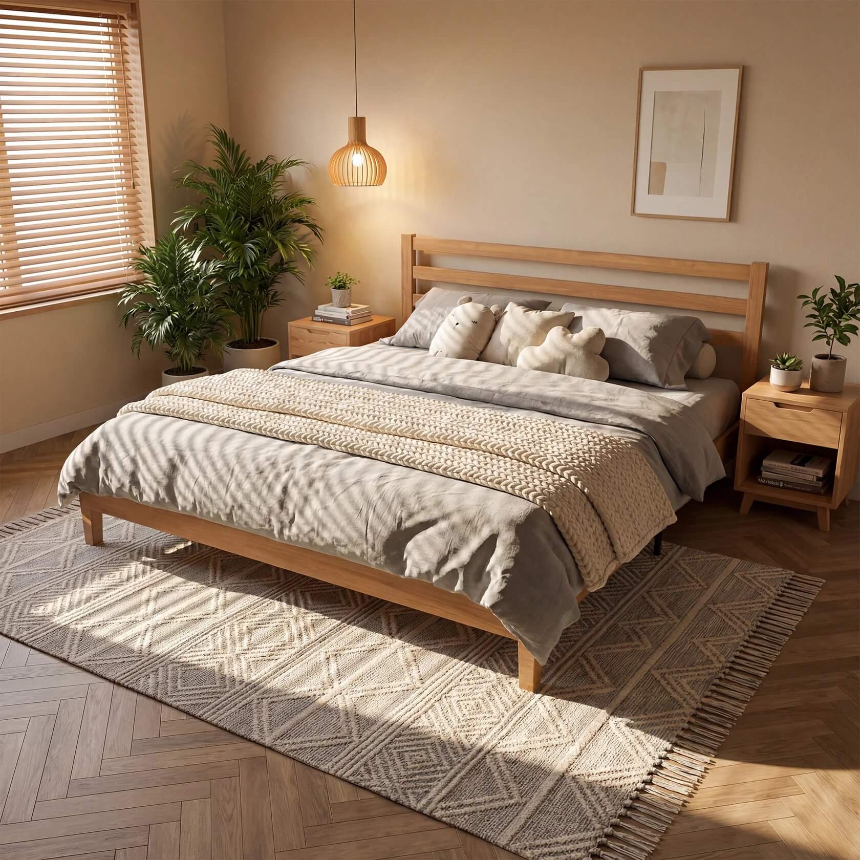 Basic Natural Solid Wood Platform Bed Frame with Headboard