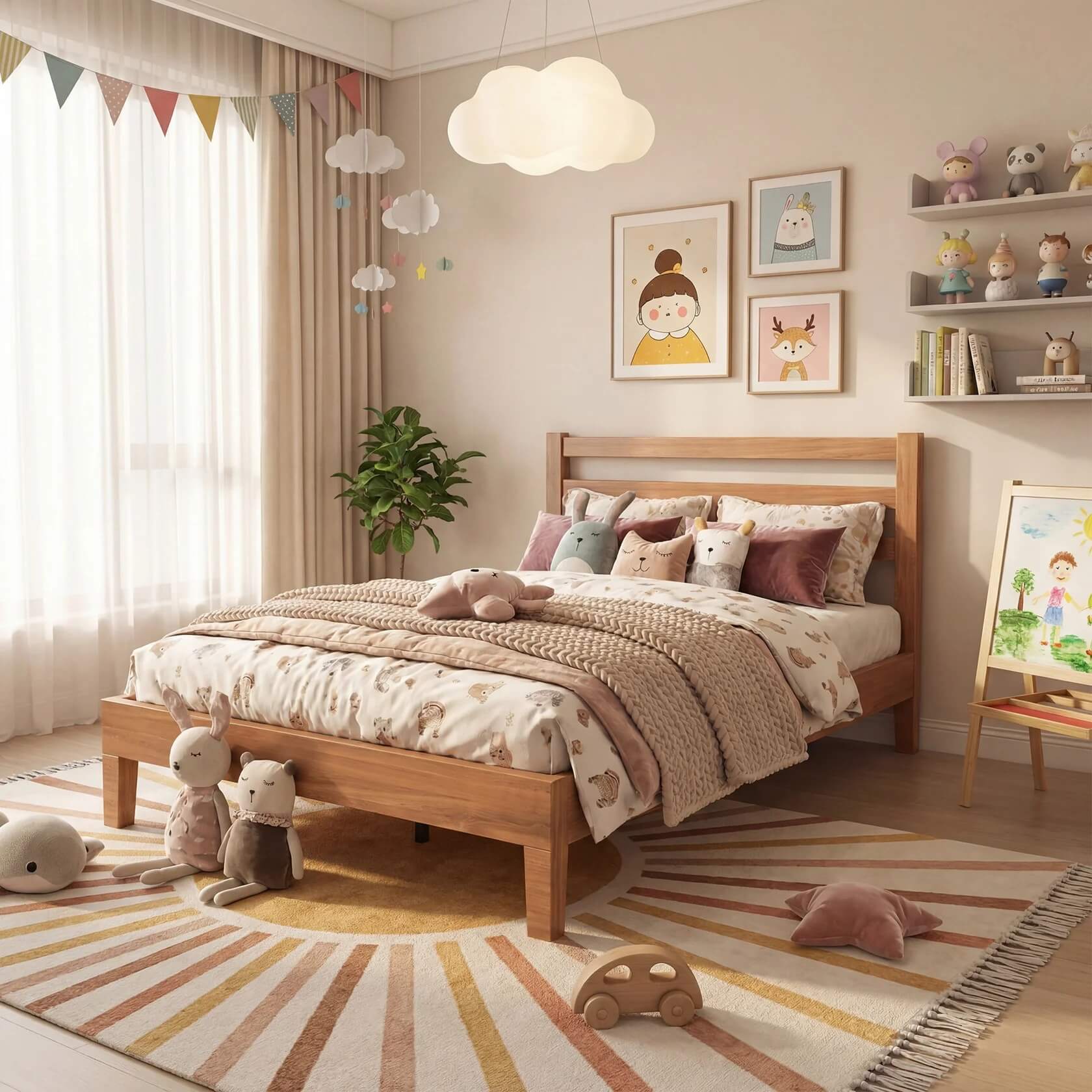 Basic Natural Solid Wood Platform Bed Frame with Headboard