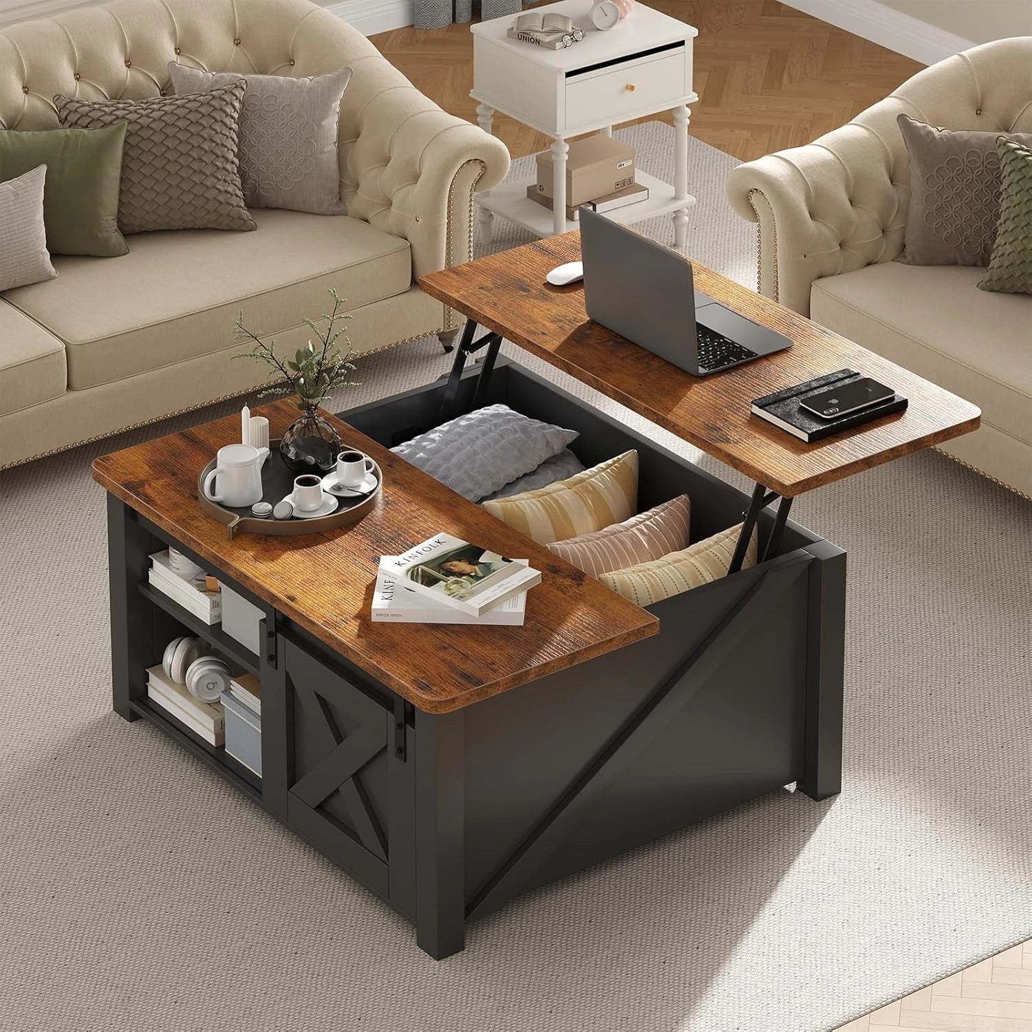 Square Coffee Table with Lift-Top Storage and Sliding Barn Doors