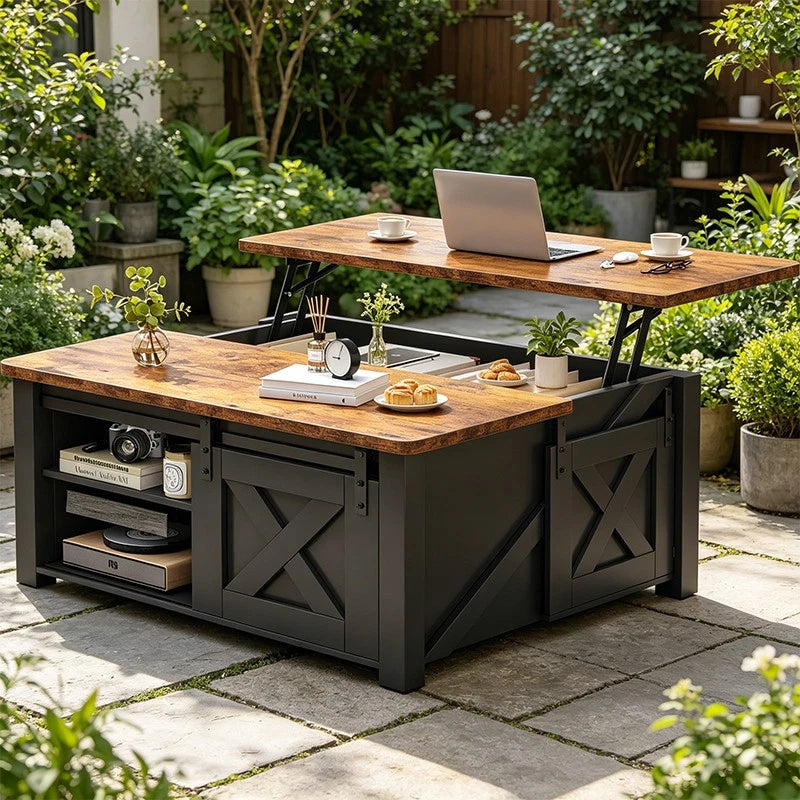 Square Coffee Table with Lift-Top Storage and Sliding Barn Doors